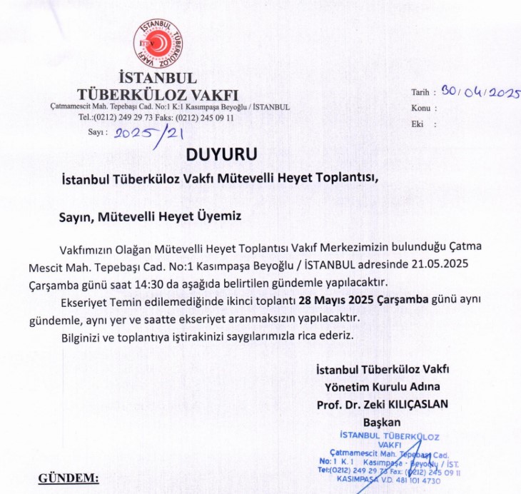 Tüberküloz Vakfı Mütevelli Heyet Toplantı Duyurusu